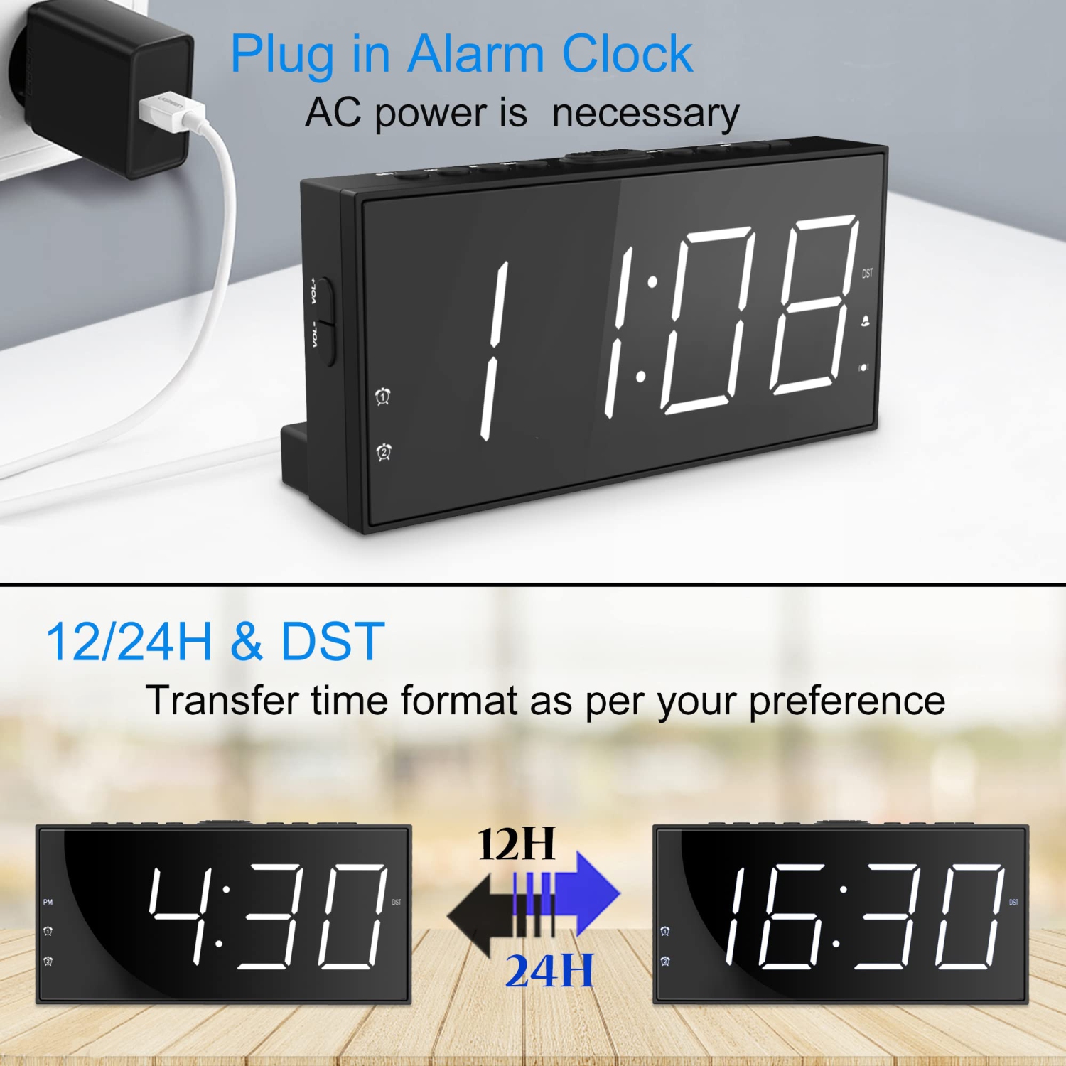 Réveil pour chambre à coucher, grande horloge numérique avec écran DEL de 7.5 po, gros chiffres, deux alarmes, port de chargement USB, 5 niveaux Di