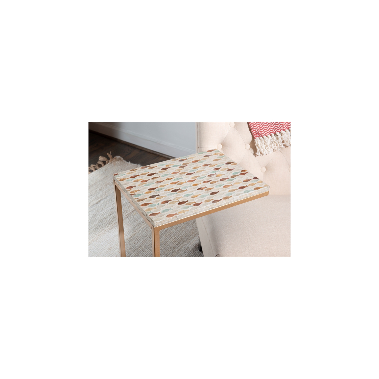 Linon Paola Capiz Fish Mosaic Metal Accent C Table in Gold