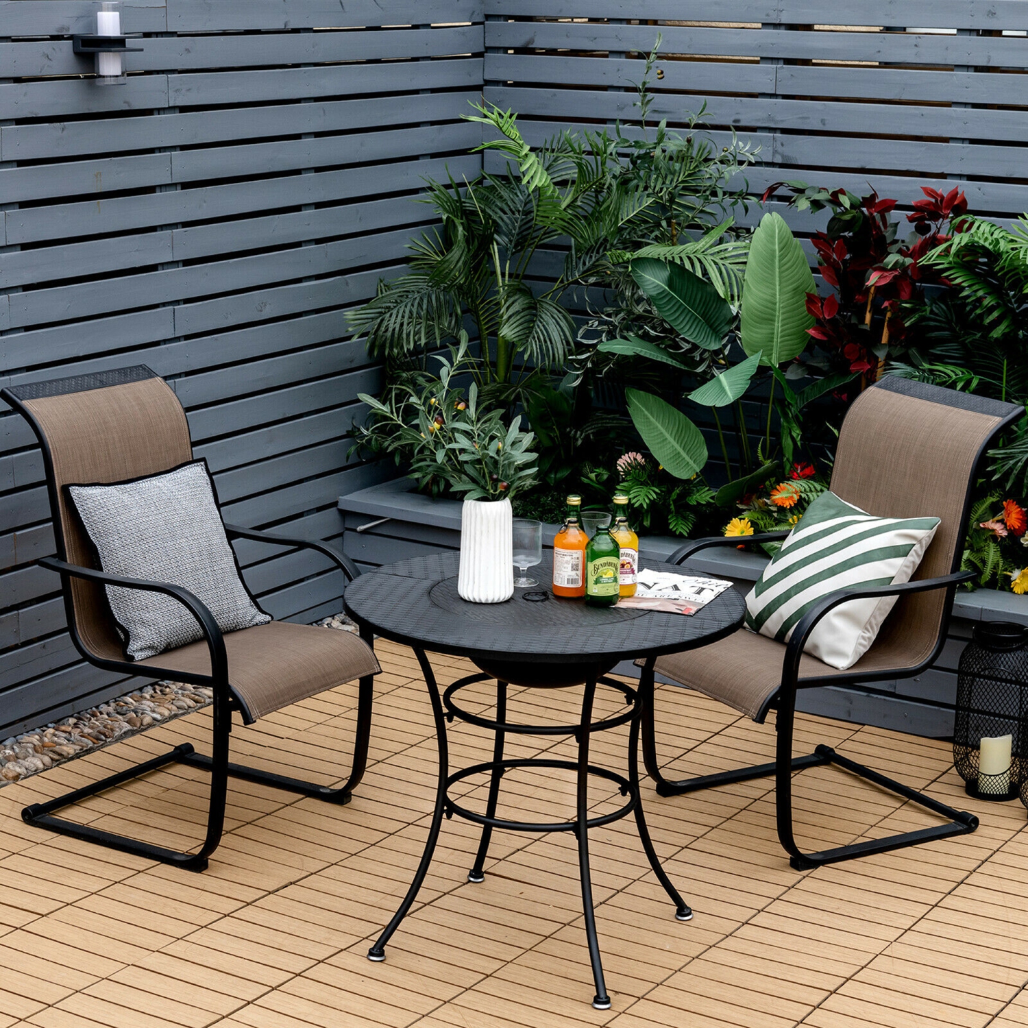 Gymax 31.5'' Patio Fire Pit Dining Table Charcoal Wood Burning W/ Cooking BBQ Grate