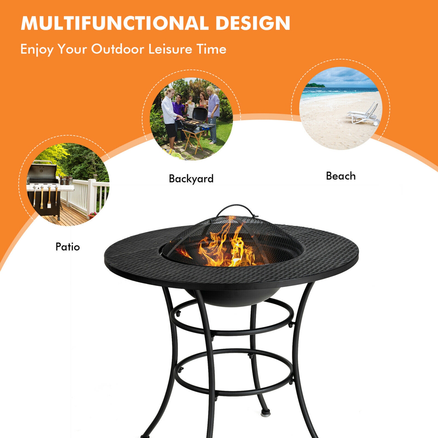 Gymax 31.5'' Patio Fire Pit Dining Table Charcoal Wood Burning W/ Cooking BBQ Grate
