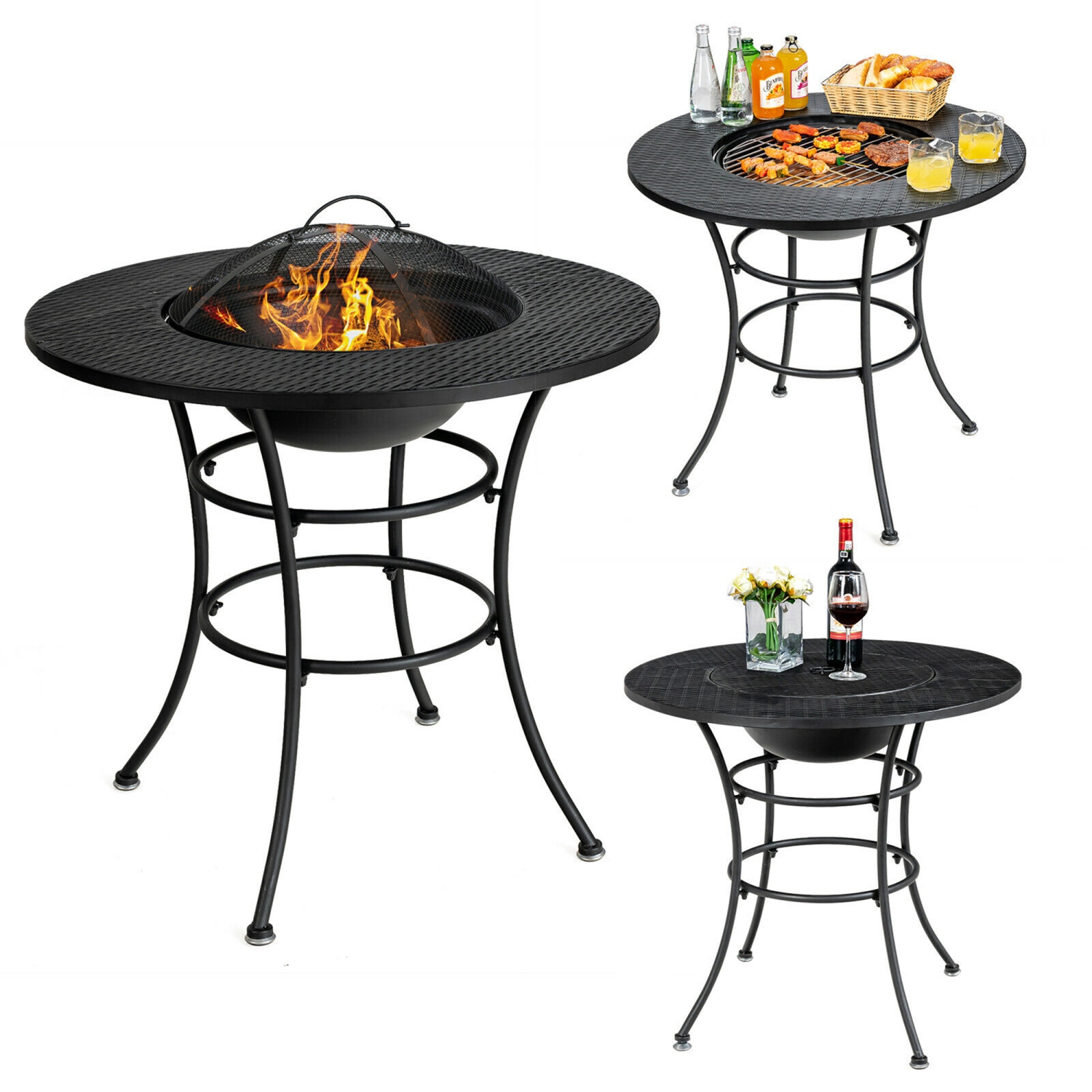 Gymax 31.5'' Patio Fire Pit Dining Table Charcoal Wood Burning W/ Cooking BBQ Grate