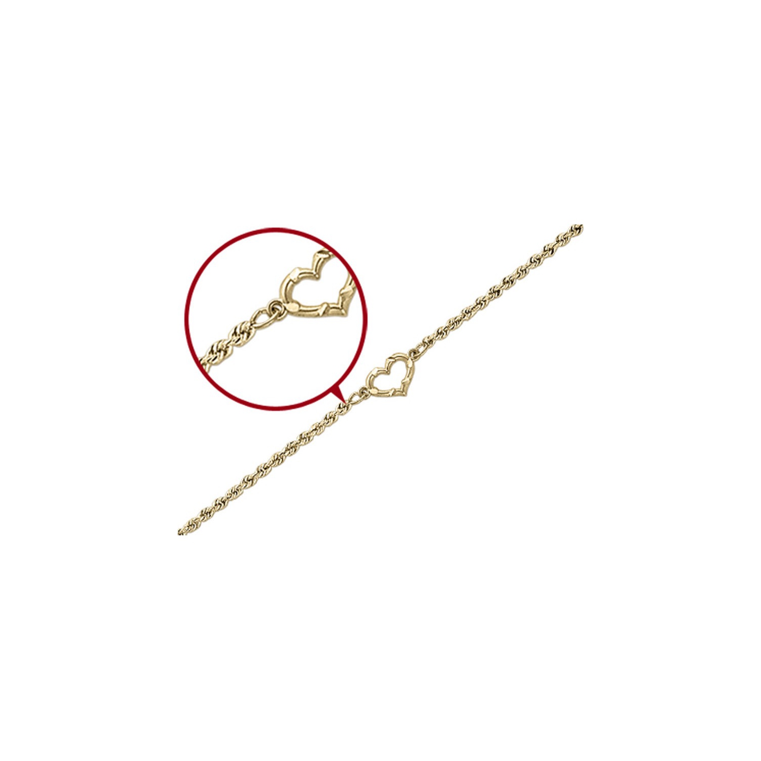 Chaîne de corde coupée en diamant avec coeur en or jaune 14k 10 pouces