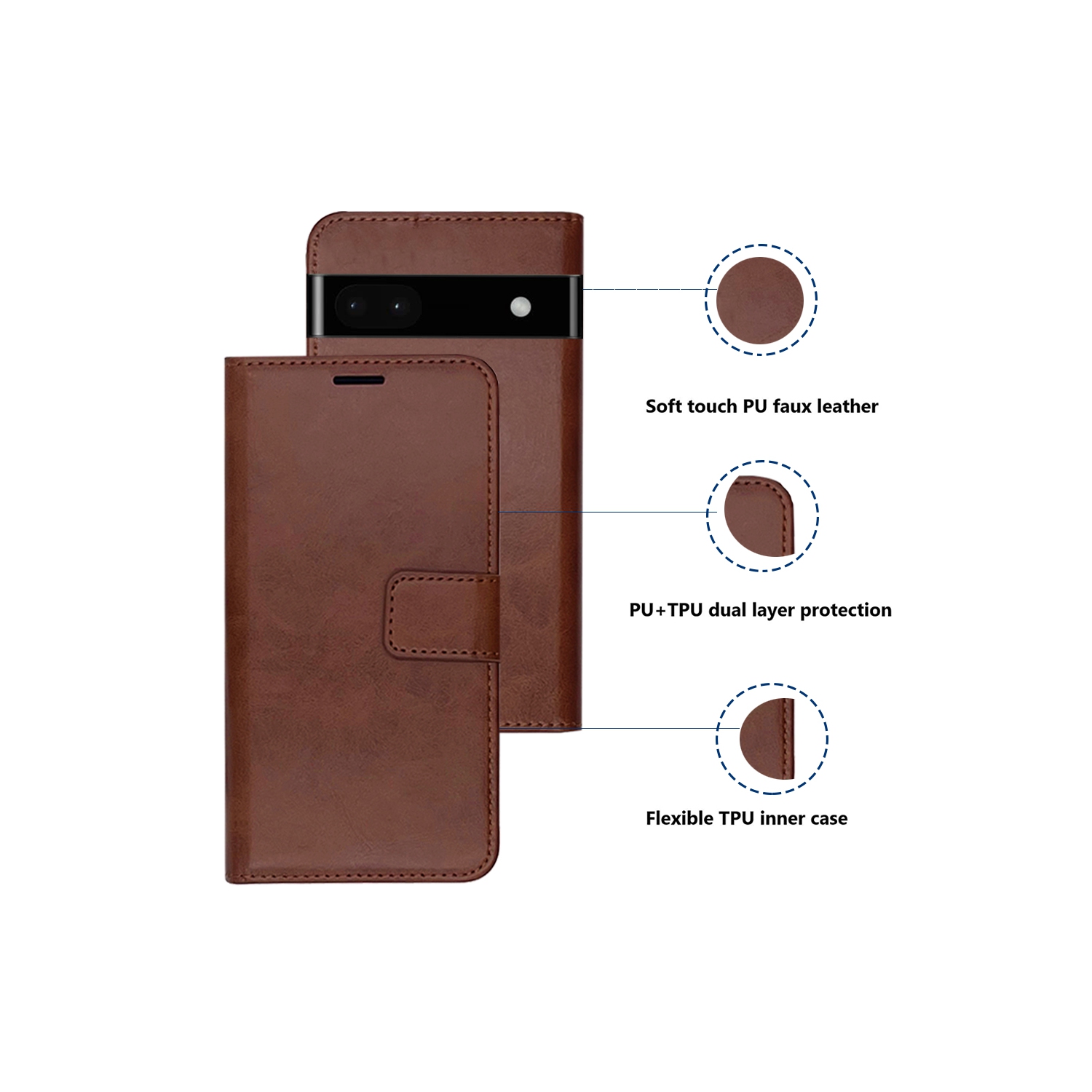 XCRS Leather Folio Premium Wallet for Google Pixel 6A 6.1-inch, PU Leather Pouch Case with Card Slot, and Lanyard with 360° Protection Mobile Case &