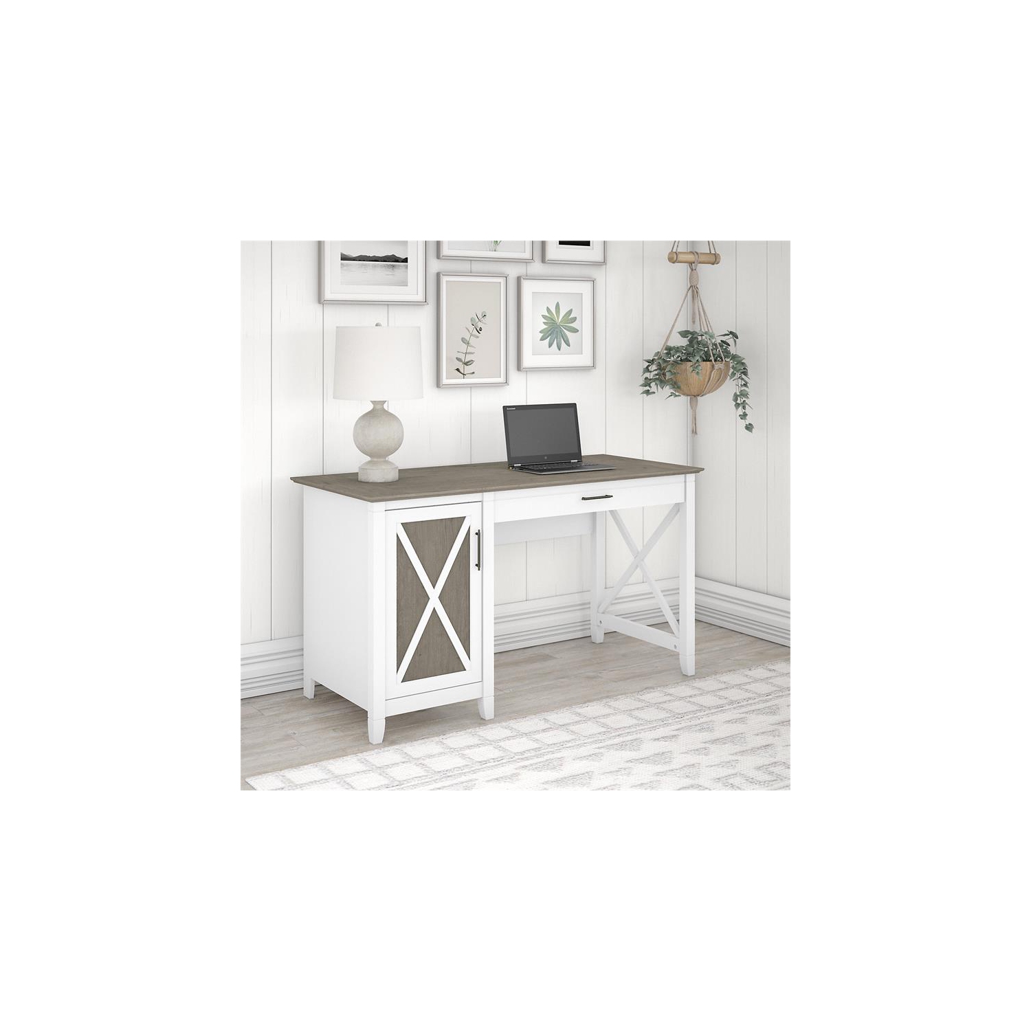 Key West 54W Computer Desk with Storage in White and Gray - Engineered Wood