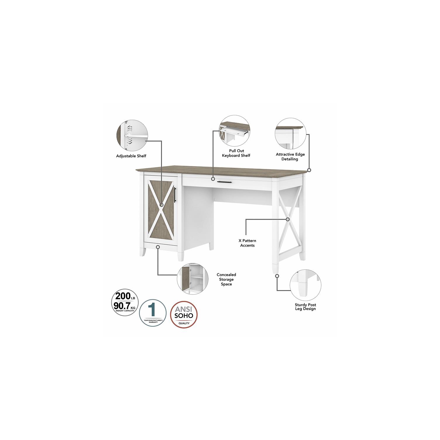 Key West 54W Computer Desk with Storage in White and Gray - Engineered Wood