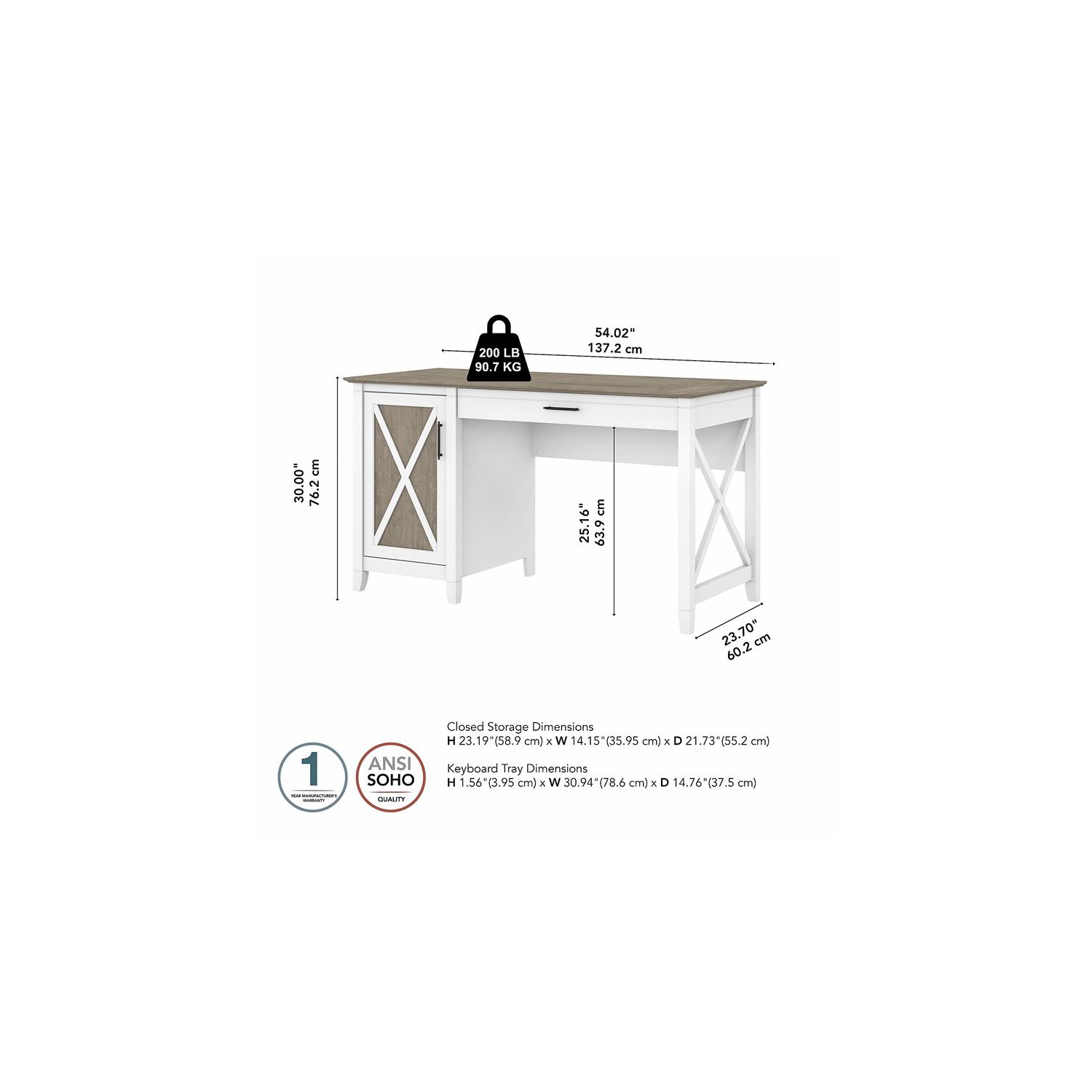 Key West 54W Computer Desk with Storage in White and Gray - Engineered Wood