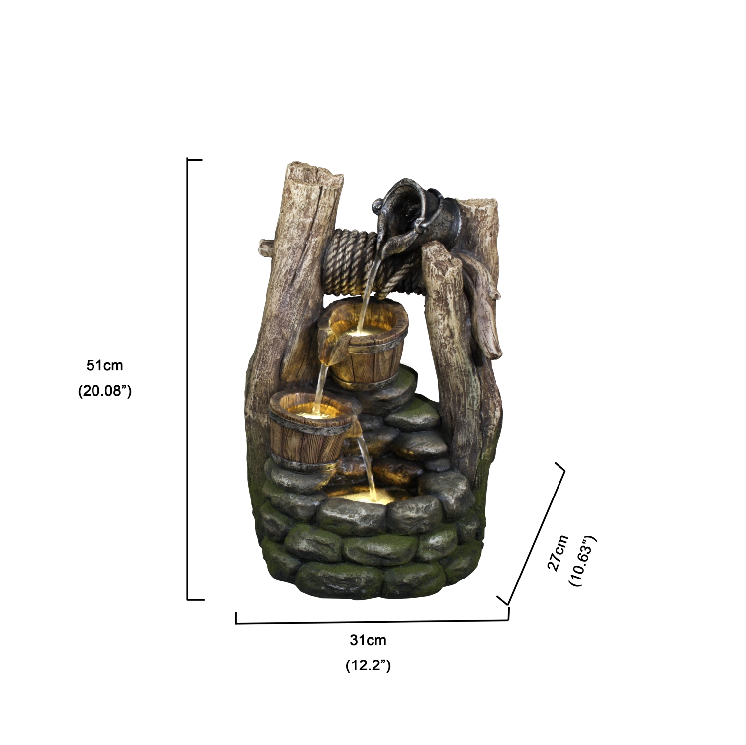 Hi-Line Gift Ltd Well Fountain with Pouring Pail, 2 Buckets, & 3 LEDs