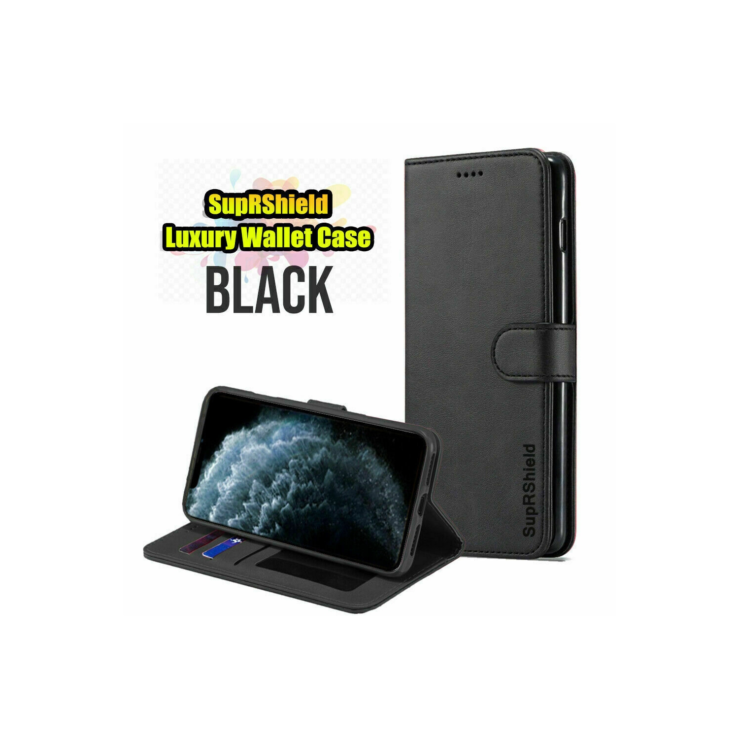 Apple iPhone 11 Pro Max Black SupRShield Wallet Leather Card Holder Flip Protective Shockproof Magnetic Case Cover
