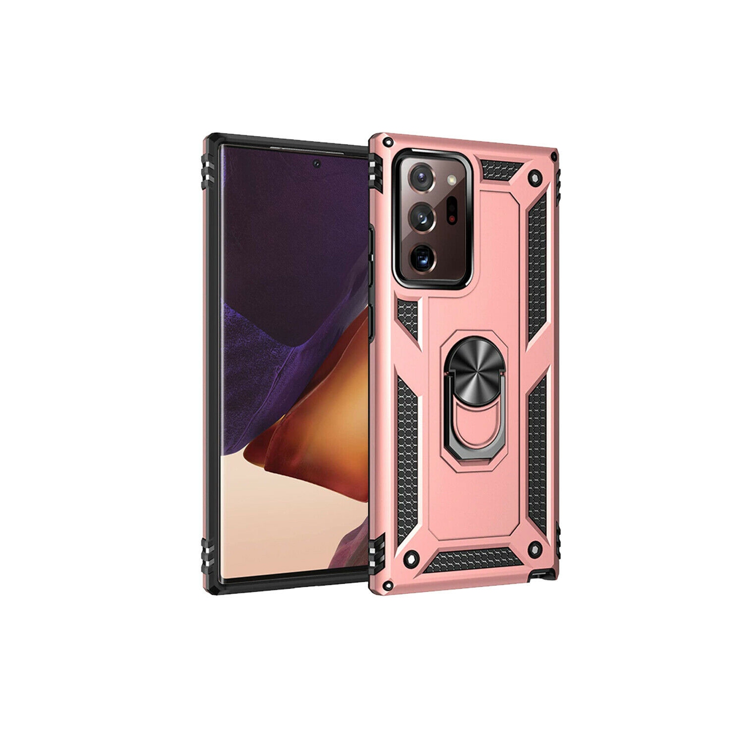 Samsung Galaxy Note 20 Ultra Rose Gold Military Grade 360 Degree Rotating Metal Magnetic Ring Car Mount Holder Kickstand Shockproof Heavy Duty Cover