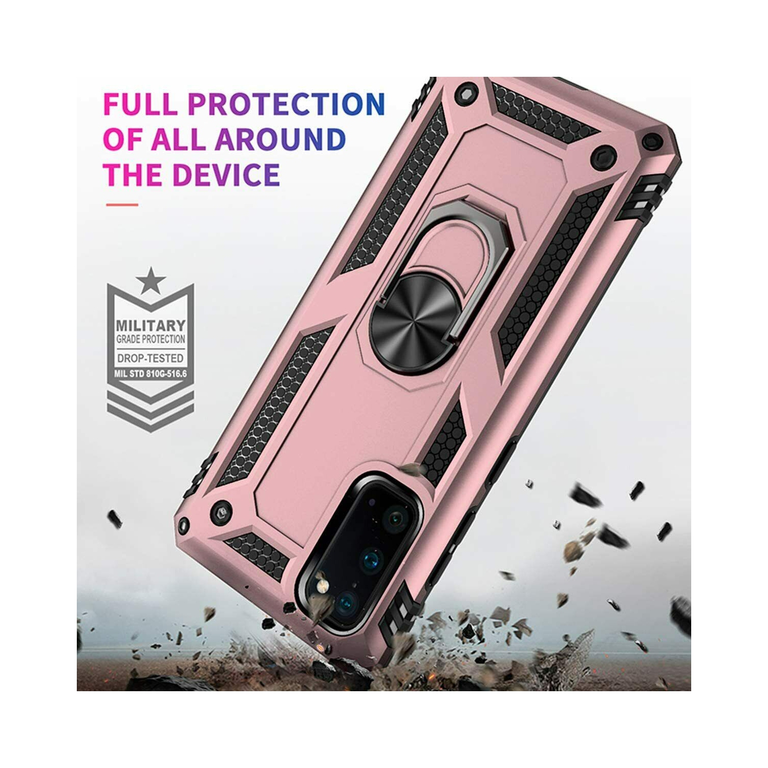Samsung Galaxy Note 20 Ultra Rose Gold Military Grade 360 Degree Rotating Metal Magnetic Ring Car Mount Holder Kickstand Shockproof Heavy Duty Cover