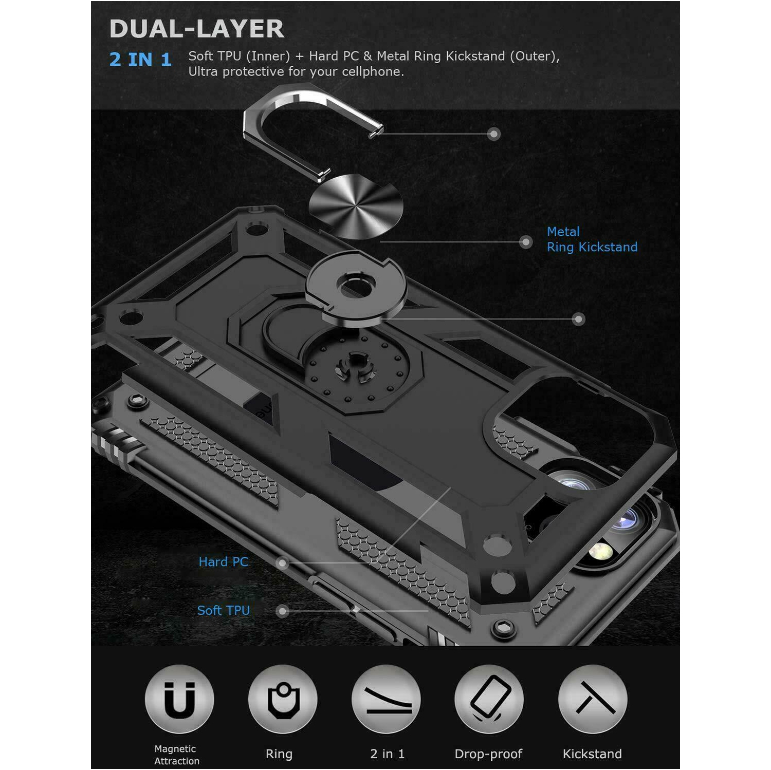 Samsung Galaxy S20 noir, support/béquille magnétique/support/béquille rotatif à 360 degrés en métal, qualité militaire, étui robuste