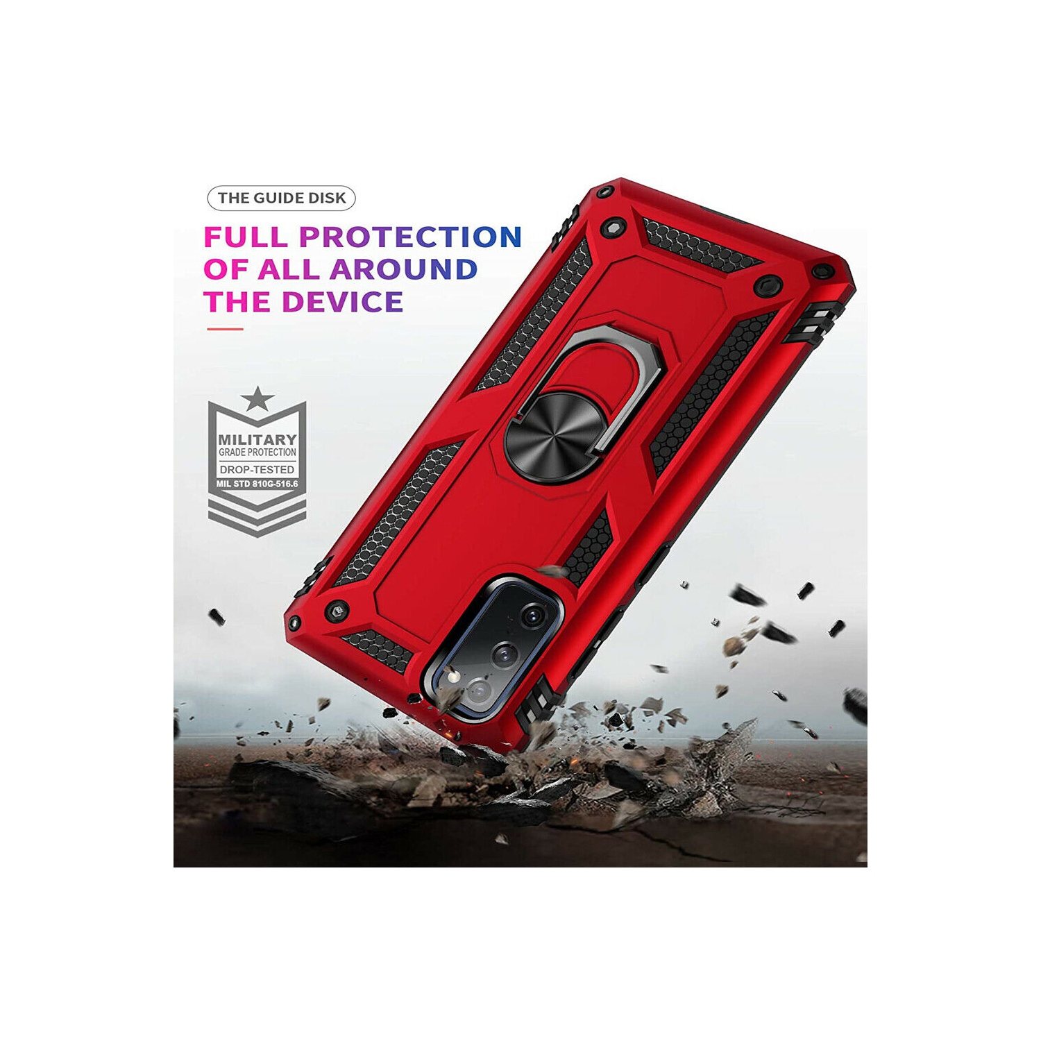 Samsung Galaxy Note 20 Ultra Red Military Grade 360 Degree Rotating Metal Magnetic Ring Car Mount Holder Kickstand Shockproof Heavy Duty Cover