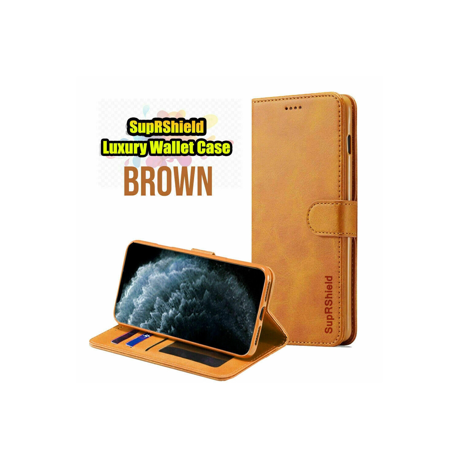 Étui-portefeuille en cuir avec rabat magnétique et protecteur résistant aux chocs pour iPhone 11 Pro Max d’Apple - Brun