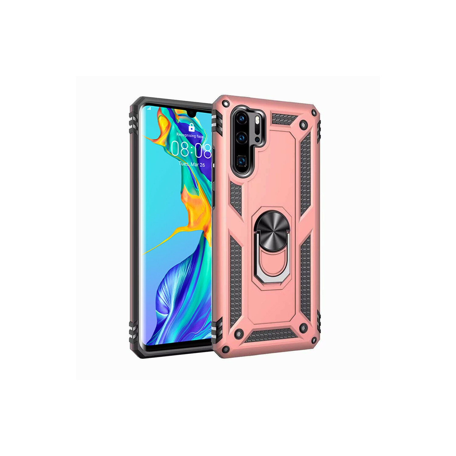 For Huawei P30 Lite Rose Gold Military Grade 360 Degree Rotating Metal Magnetic Ring Car Mount Holder Kickstand Shockproof Heavy Duty Cover