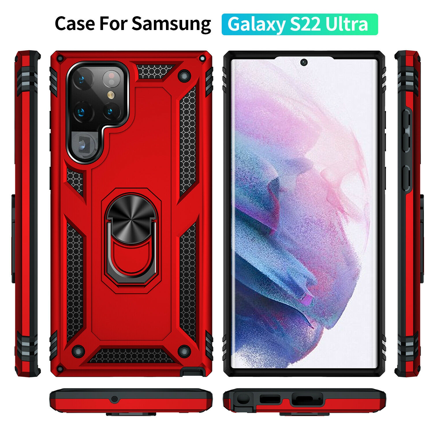 Samsung Galaxy S22 5G Case Red Military Grade 360 Degree Rotating Metal Magnetic Ring Holder Kickstand Shockproof Heavy Duty Cover