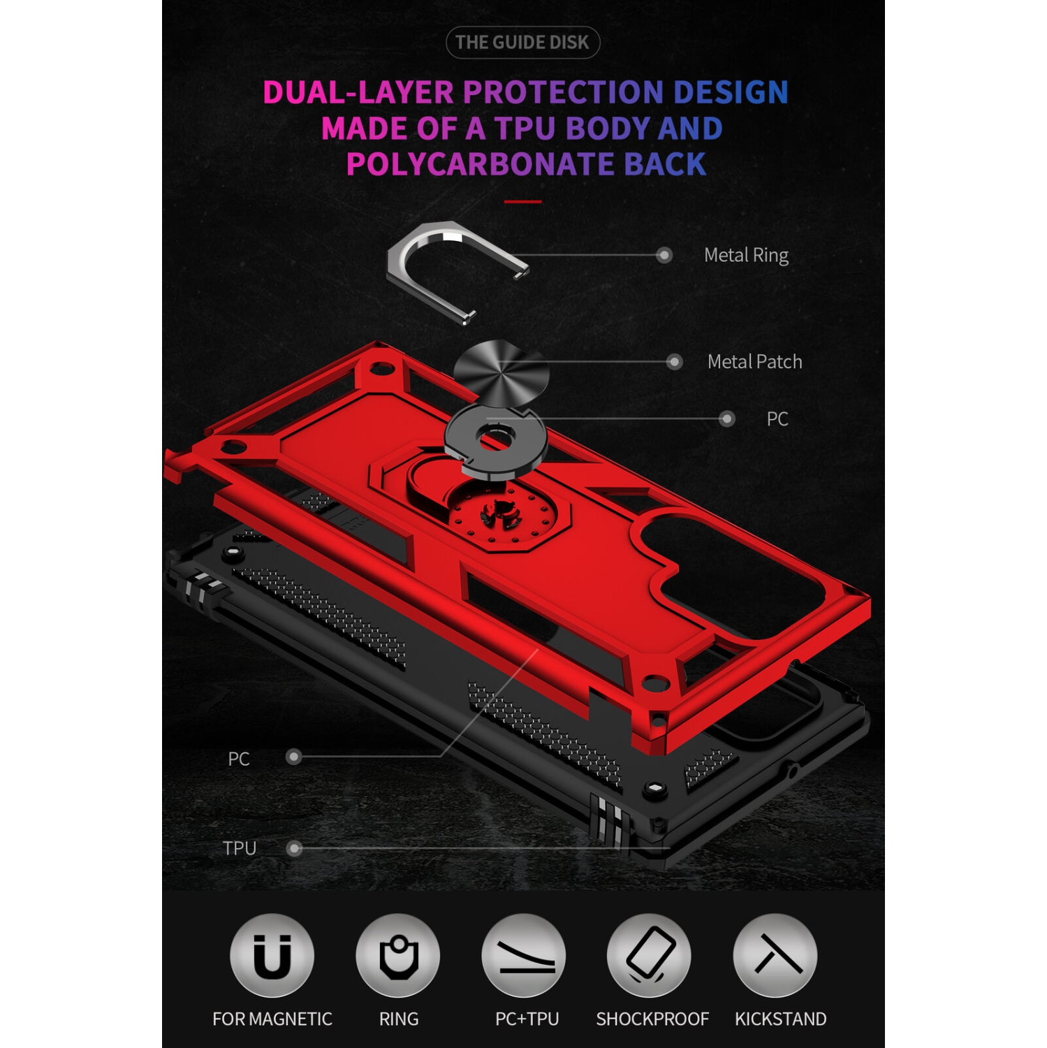 Samsung Galaxy S22 5G Case Red Military Grade 360 Degree Rotating Metal Magnetic Ring Holder Kickstand Shockproof Heavy Duty Cover