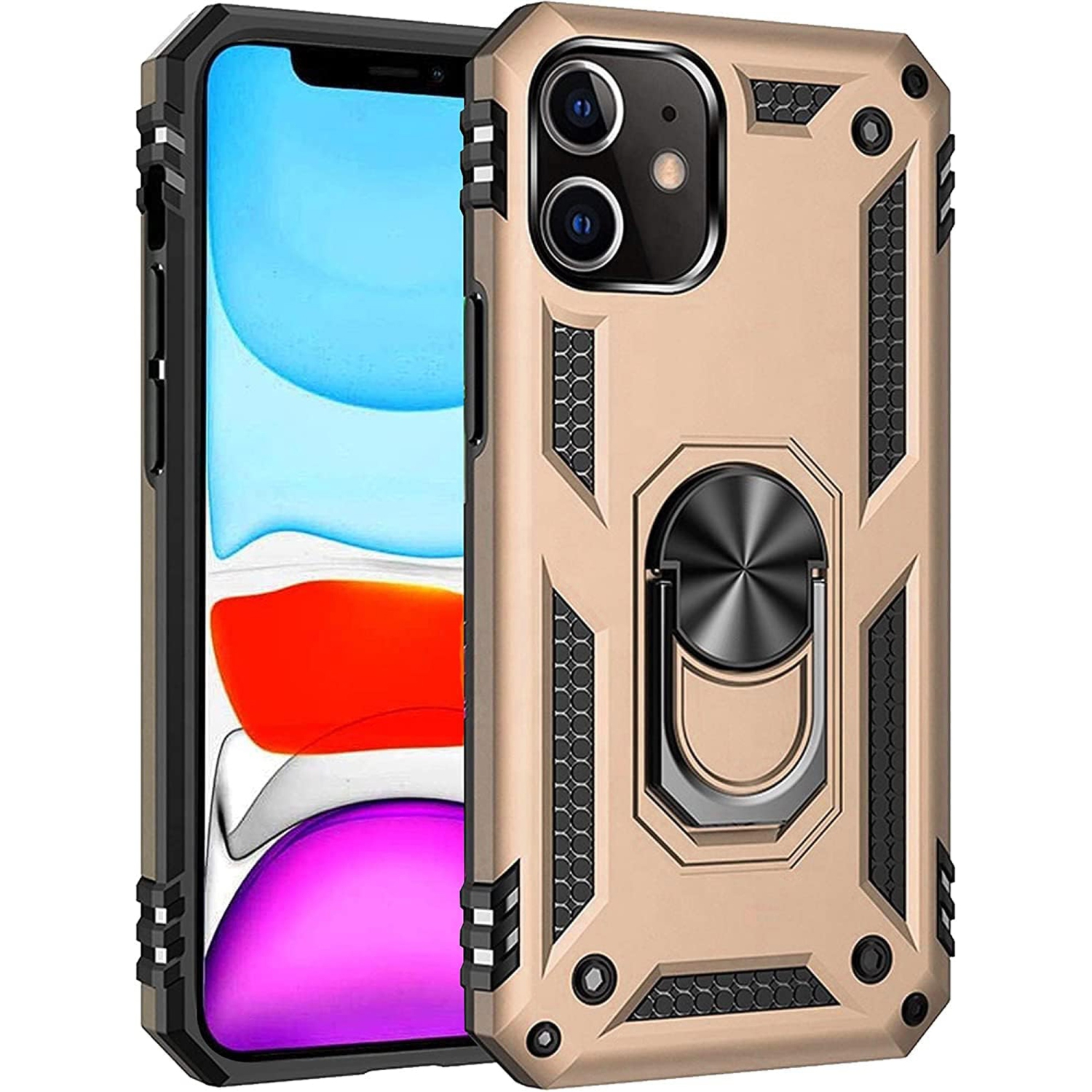 For Apple iPhone 11 Pro Max Rose Gold Military Grade 360 Degree Rotating Metal Magnetic Ring Car Mount Holder Kickstand Shockproof Heavy Duty Cover