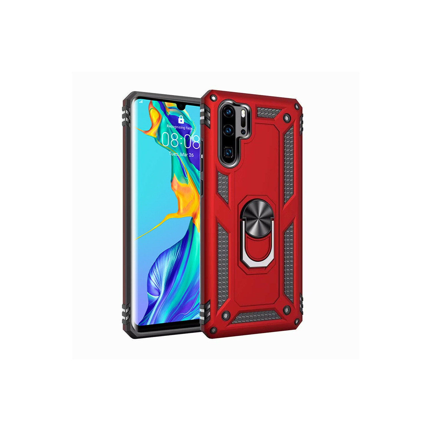 For Huawei P30 Lite Red Military Grade 360 Degree Rotating Metal Magnetic Ring Car Mount Holder Kickstand Shockproof Heavy Duty Cover