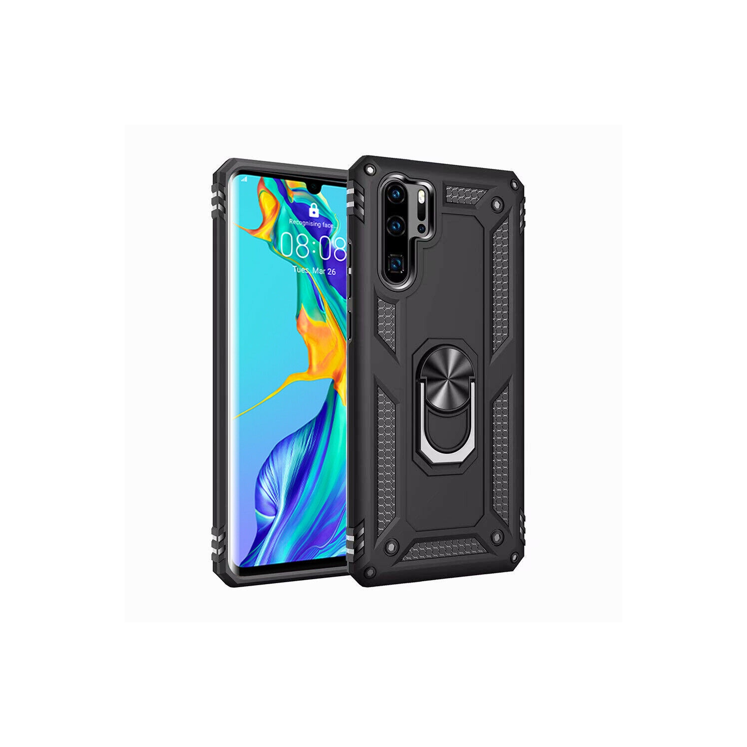 For Huawei P30 Black Military Grade 360 Degree Rotating Metal Magnetic Ring Car Mount Holder Kickstand Shockproof Heavy Duty Cover