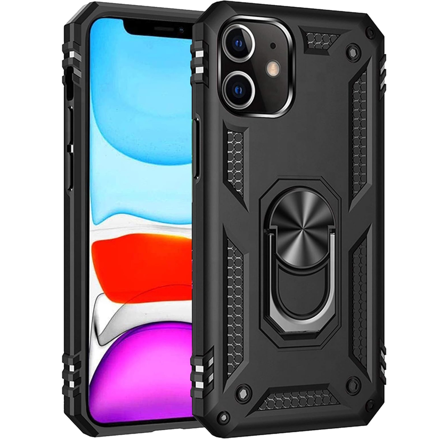 For Apple iPhone 11 Pro Max Black Military Grade 360 Degree Rotating Metal Magnetic Ring Car Mount Holder Kickstand Shockproof Heavy Duty Cover