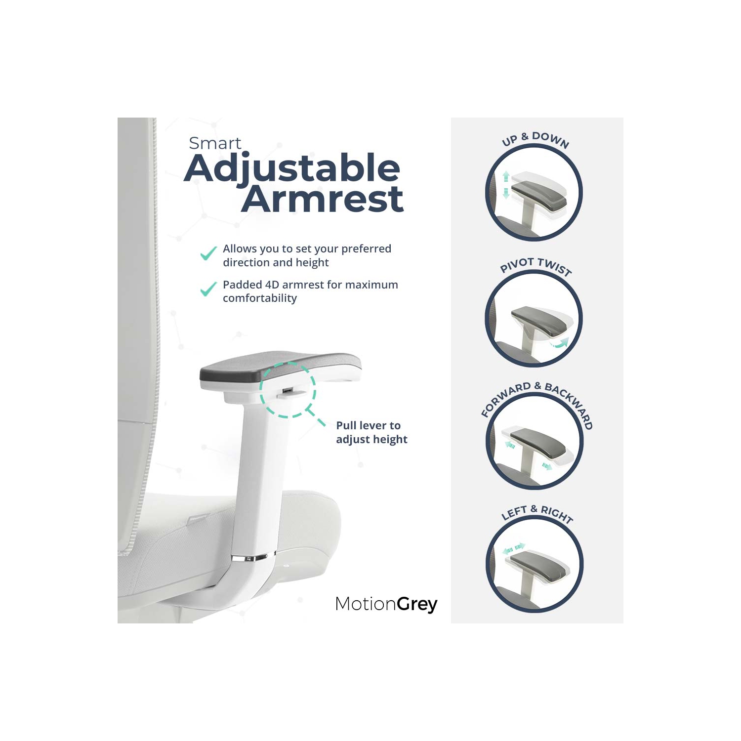 Fauteuil bureau d’ordinateur ergonomique de la série Cloud Mesh de MotionGrey avec accoudoir 4D et soutien lombaire - Blanc