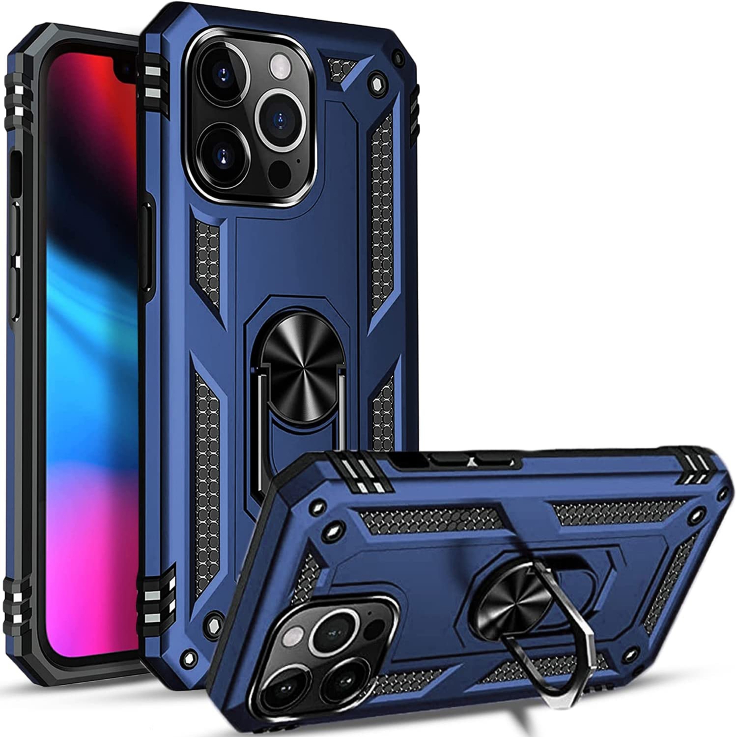 Pour support de voiture en métal magnétique rotatif à 360 degrés de qualité militaire bleu iPhone 11 Pro d’Apple, béquille et étui robuste