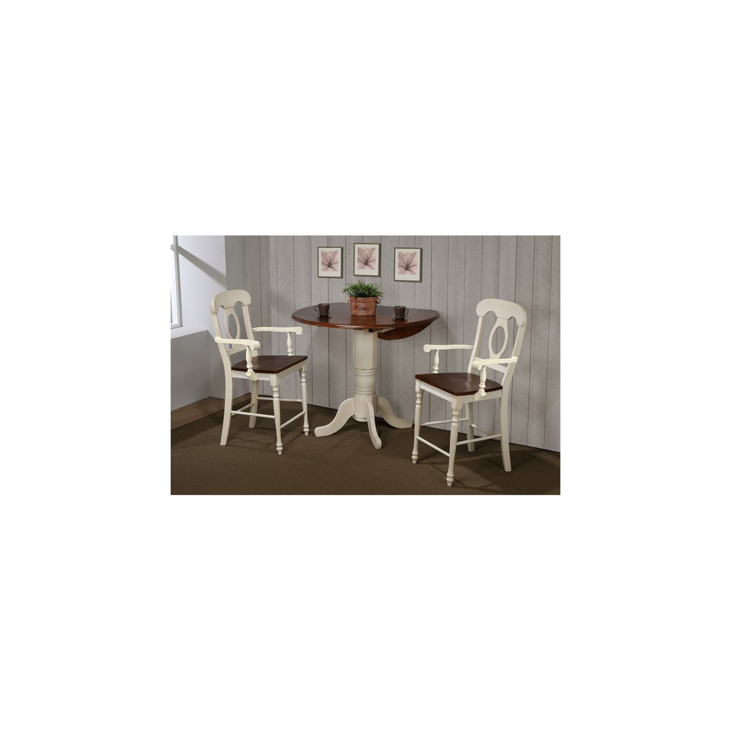 Sunset Trading Andrews 3Pc 42" Round Drop Leaf Pub Table Set White/Brown Wood