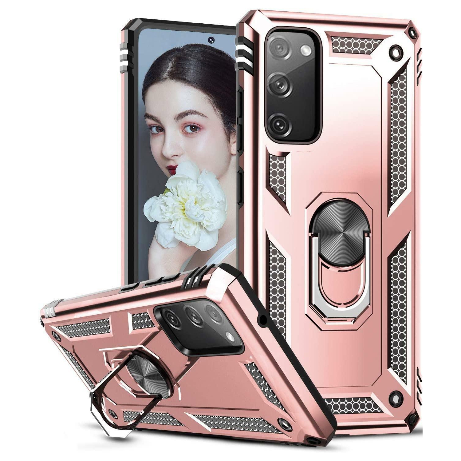 Samsung Galaxy S20 Ultra Case Rose Gold Military Grade 360 Degree Rotating Metal Magnetic Ring Car Mount Holder Kickstand Shockproof Heavy Duty Cover