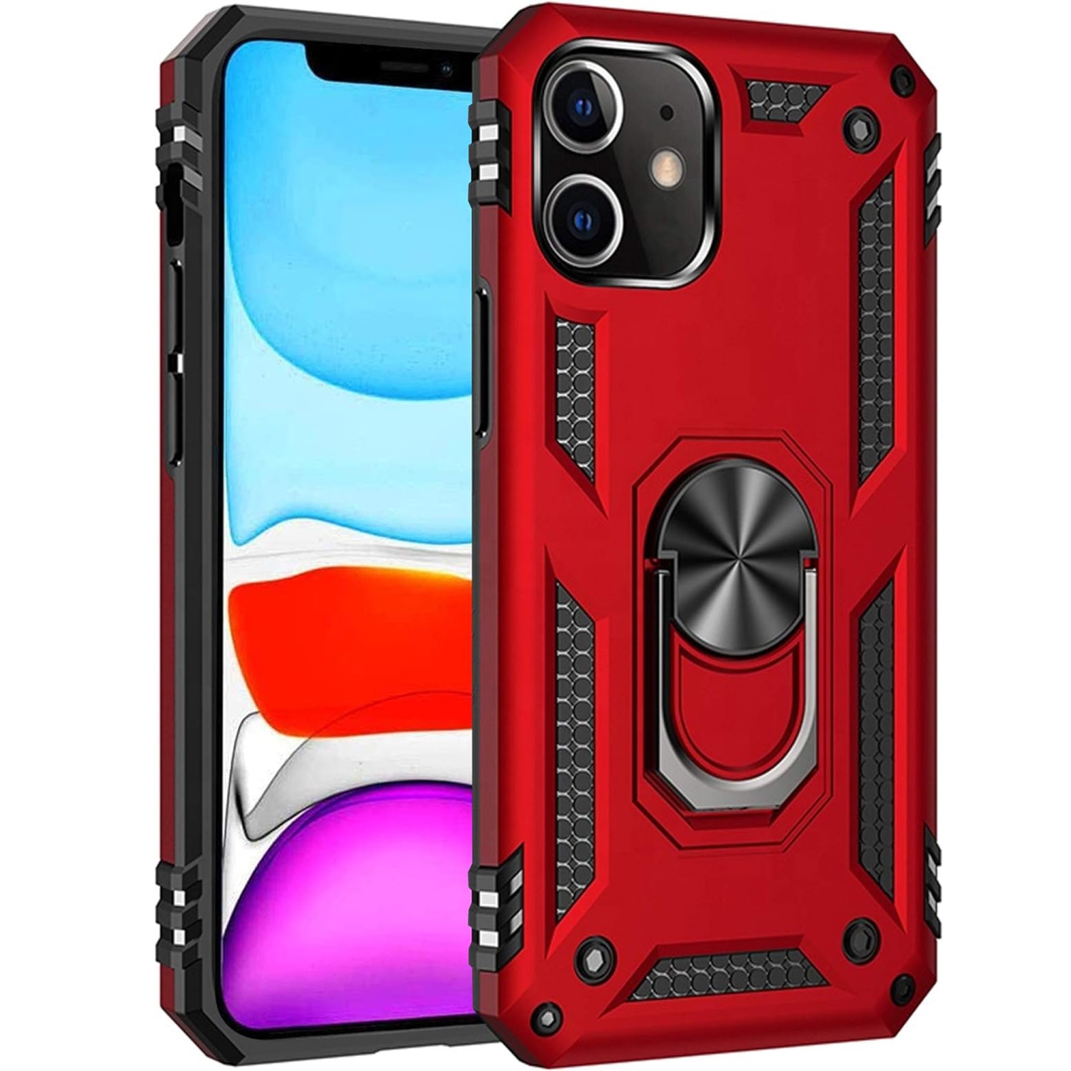 For Apple iPhone 11 Pro Red Military Grade 360 Degree Rotating Metal Magnetic Ring Car Mount Holder Kickstand Shockproof Heavy Duty Cover