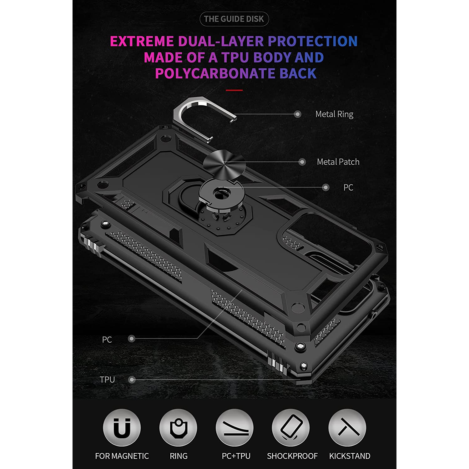 Samsung Galaxy A51 Case Black Military Grade 360 Degree Rotating Metal Magnetic Ring Car Mount Holder Kickstand Shockproof Heavy Duty Cover