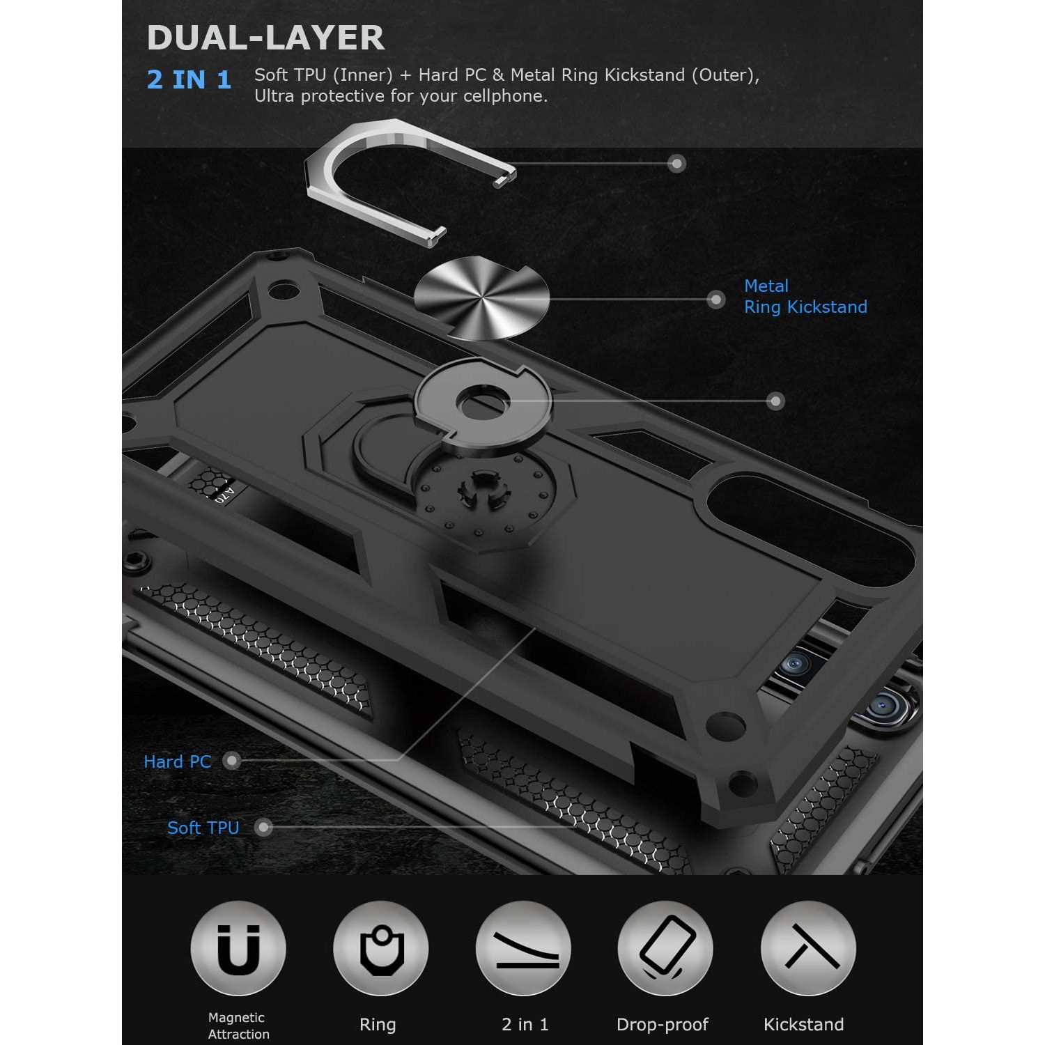 Étui pour Galaxy A11 de Samsung avec support magnétique rotatif à 360 degrés en métal noir et béquille pour support de voiture de qualité militaire,