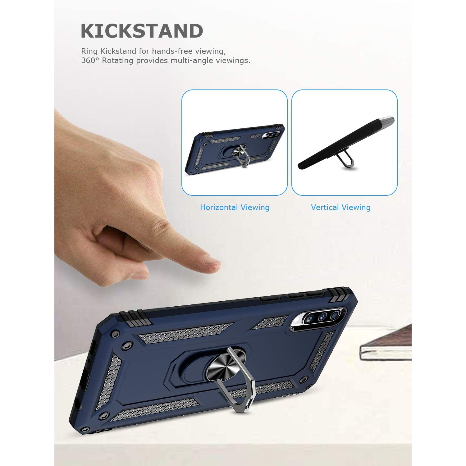 Samsung Galaxy A11 Case Navy Blue Military Grade 360 Degree Rotating Metal Magnetic Ring Car Mount Holder Kickstand Shockproof Heavy Duty Cover