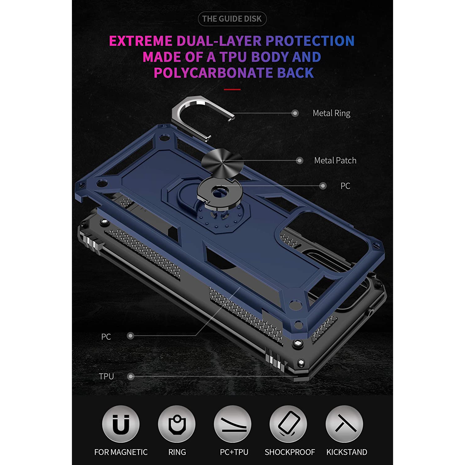 Samsung Galaxy A51 Case Navy Blue Military Grade 360 Degree Rotating Metal Magnetic Ring Car Mount Holder Kickstand Shockproof Heavy Duty Cover