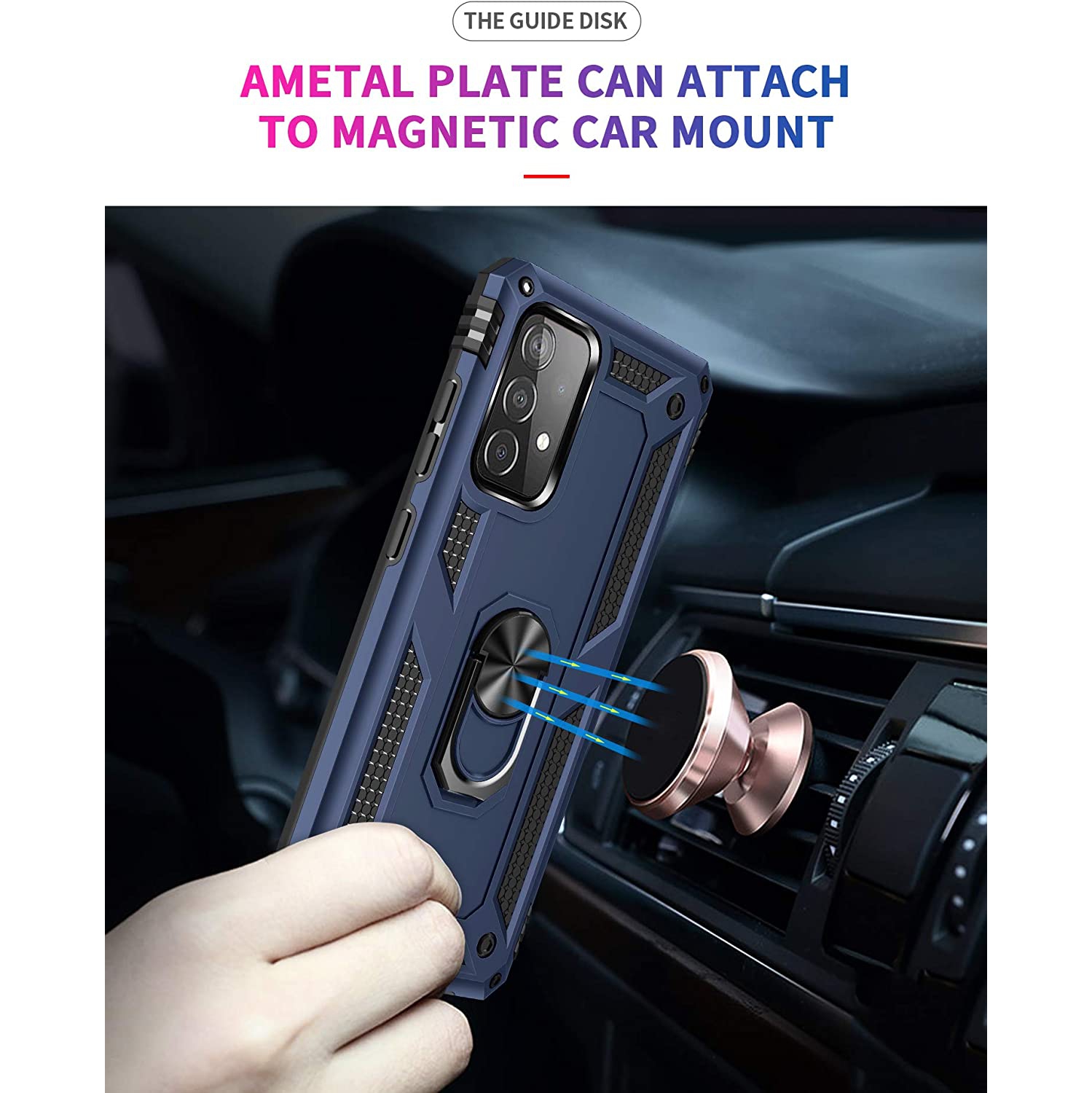 Samsung Galaxy A51 Case Navy Blue Military Grade 360 Degree Rotating Metal Magnetic Ring Car Mount Holder Kickstand Shockproof Heavy Duty Cover