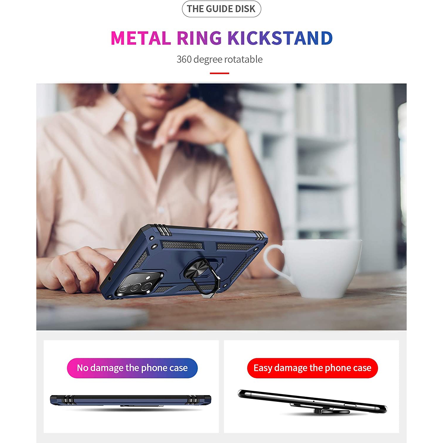 Samsung Galaxy A51 Case Navy Blue Military Grade 360 Degree Rotating Metal Magnetic Ring Car Mount Holder Kickstand Shockproof Heavy Duty Cover