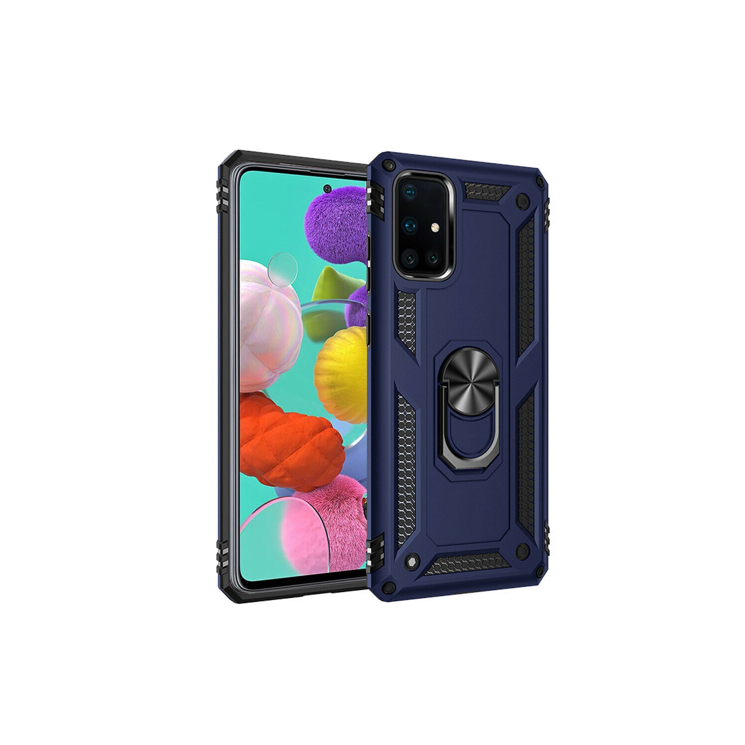 Samsung Galaxy A71 Navy Blue Military Grade 360 Degree Rotating Metal Magnetic Ring Car Mount Holder Kickstand Shockproof Heavy Duty Cover