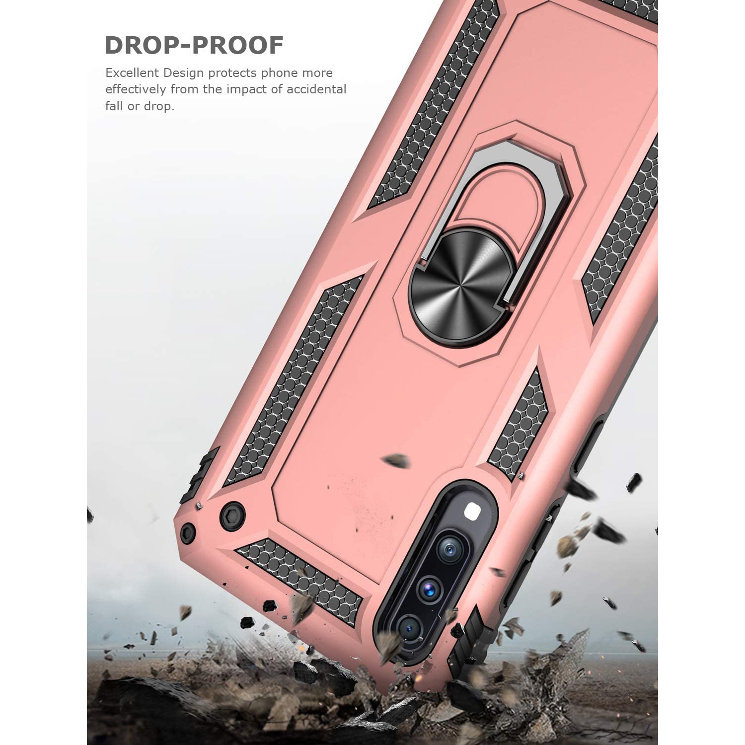 Samsung Galaxy A11 Case Rose Gold Military Grade 360 Degree Rotating Metal Magnetic Ring Car Mount Holder Kickstand Shockproof Heavy Duty Cover