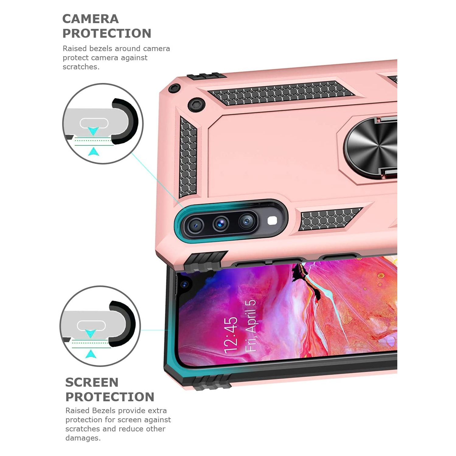 Samsung Galaxy A11 Case Rose Gold Military Grade 360 Degree Rotating Metal Magnetic Ring Car Mount Holder Kickstand Shockproof Heavy Duty Cover