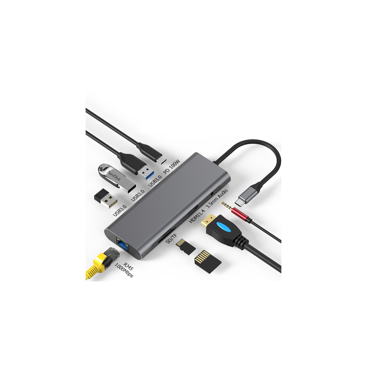 USB C Hub 9 Ports USB 3.1 Type C to USB 3.0 Hub Adapter with Micro USB for MacBook Pro, iMac, Samsung Galaxy S21 S20, LG, Google Chromebook Pixelbook, Dell XPS, Oculus Rift S, Lenovo Yoga