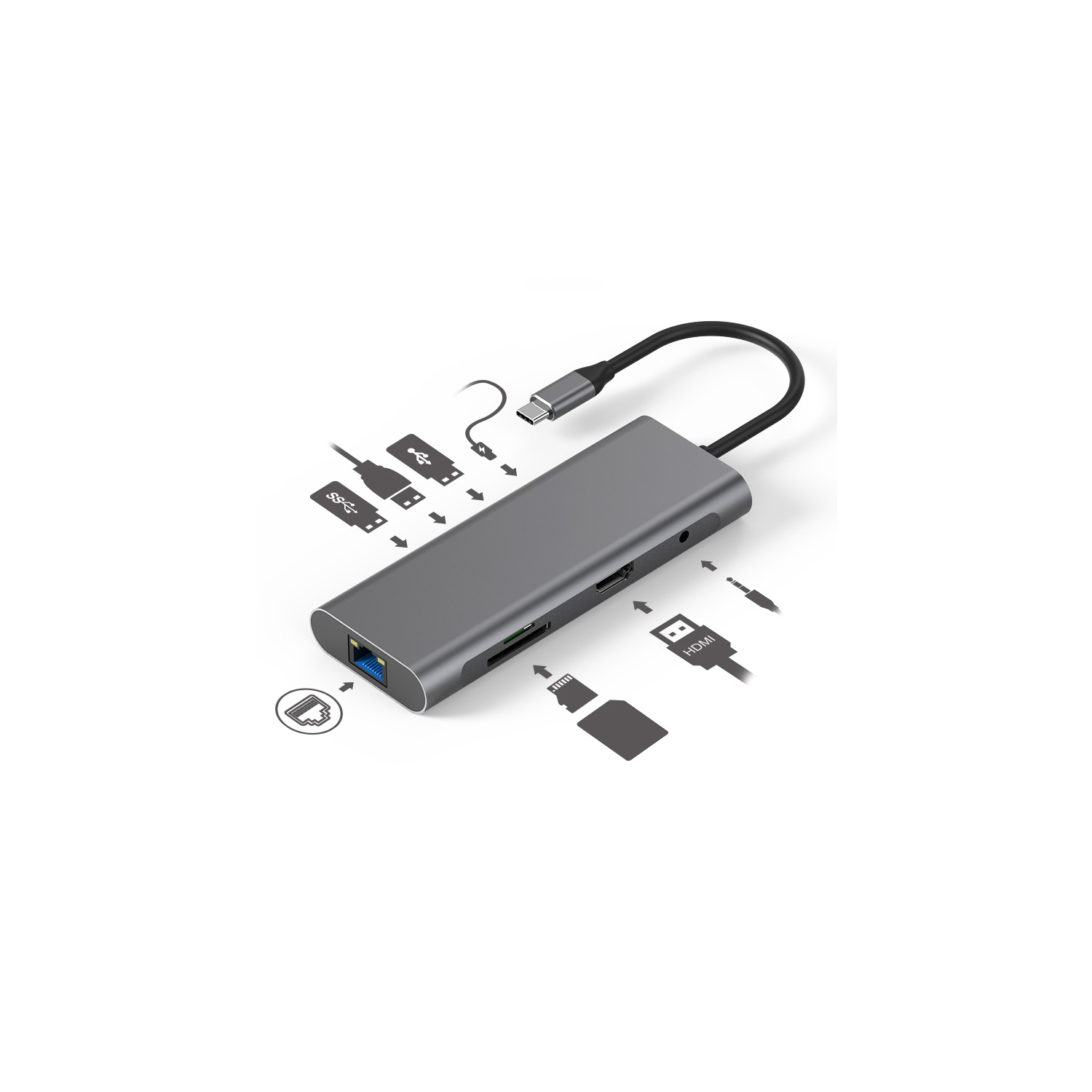9-IN-1 USB C Hub, Thunderbolt USB Type-C Dongle with 4K HDMI, 3 x USB 3.0 Ports, Power Delivery, TF/SD Card Slot, RJ45 LAN Port, 3.5mm Audio, Wide