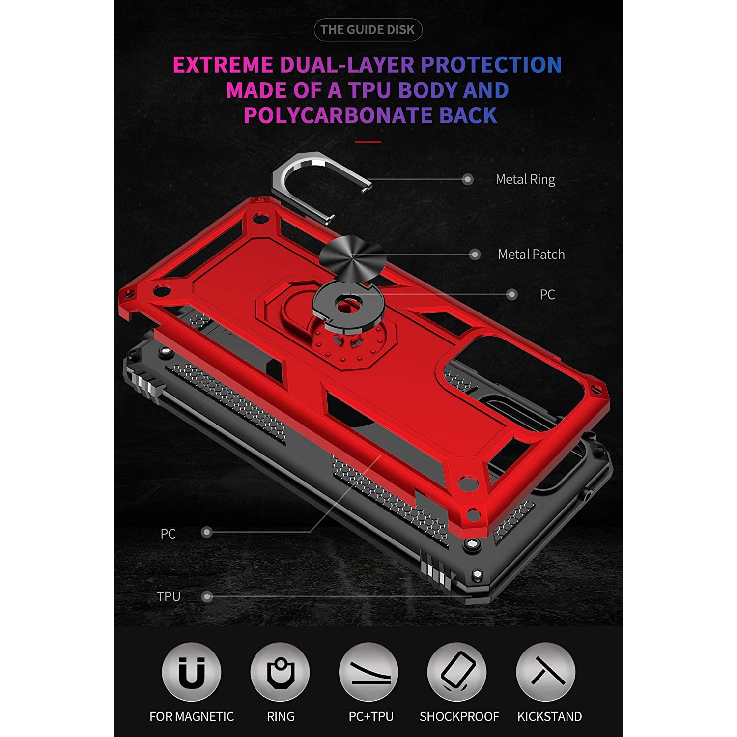 Samsung Galaxy A51 Case Red Military Grade 360 Degree Rotating Metal Magnetic Ring Car Mount Holder Kickstand Shockproof Heavy Duty Cover