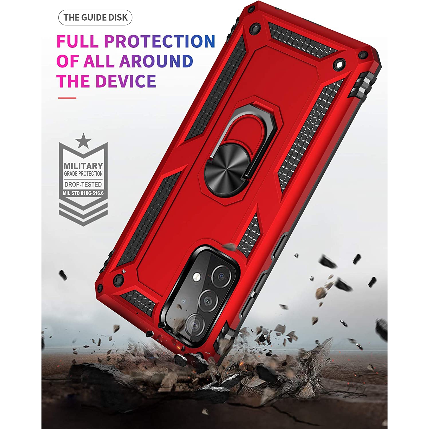 Samsung Galaxy A51 Case Red Military Grade 360 Degree Rotating Metal Magnetic Ring Car Mount Holder Kickstand Shockproof Heavy Duty Cover