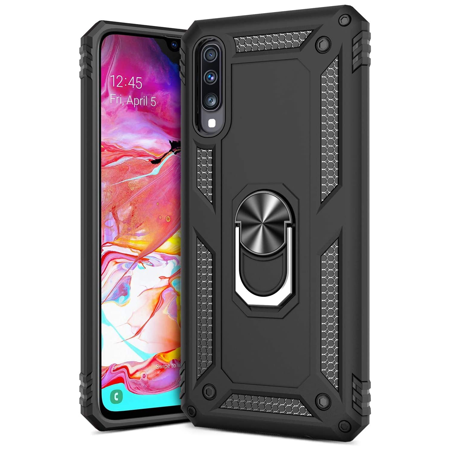 Étui pour Galaxy A70 de Samsung avec support magnétique rotatif à 360 degrés en métal noir et béquille pour support de voiture de qualité militaire,