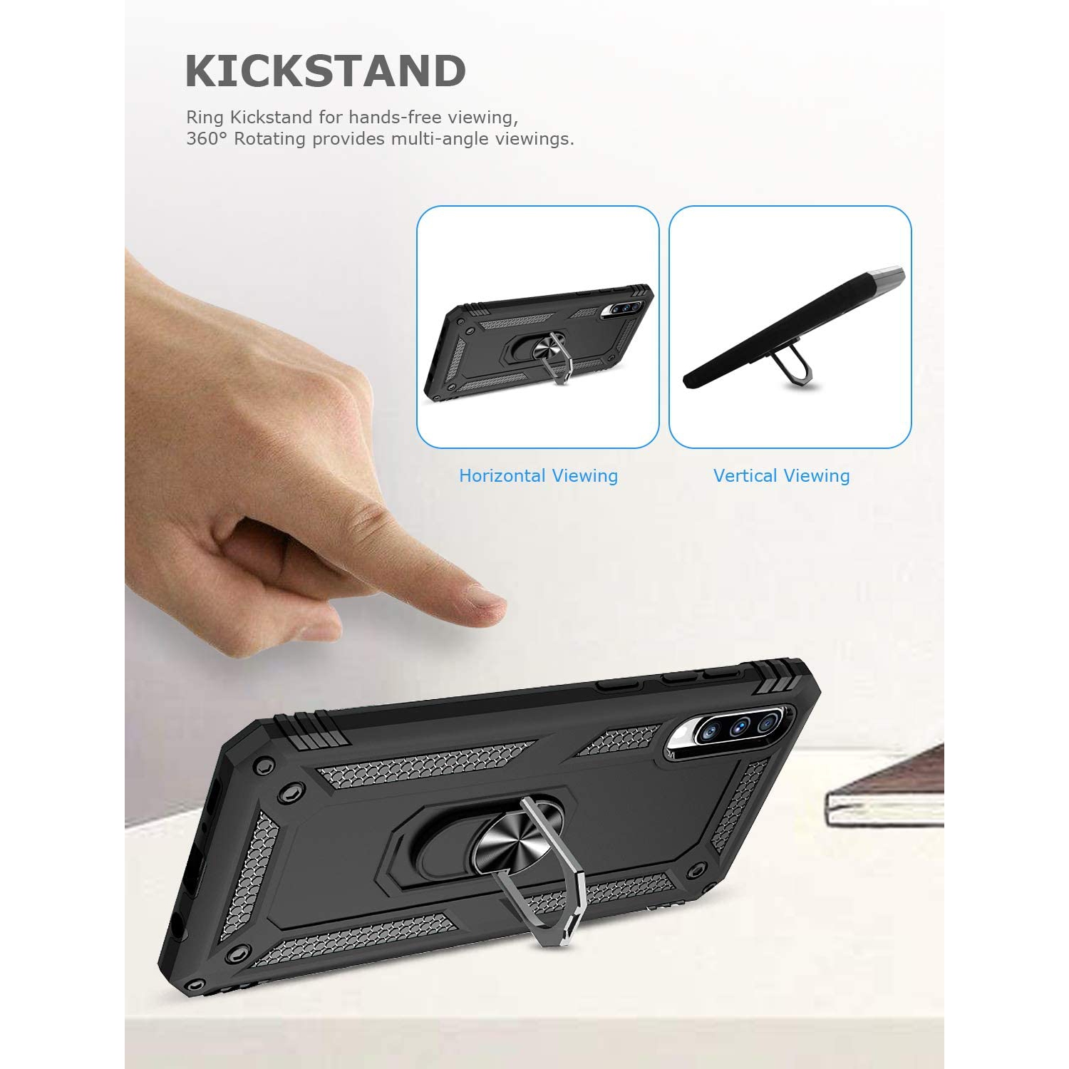 Étui pour Galaxy A70 de Samsung avec support magnétique rotatif à 360 degrés en métal noir et béquille pour support de voiture de qualité militaire,