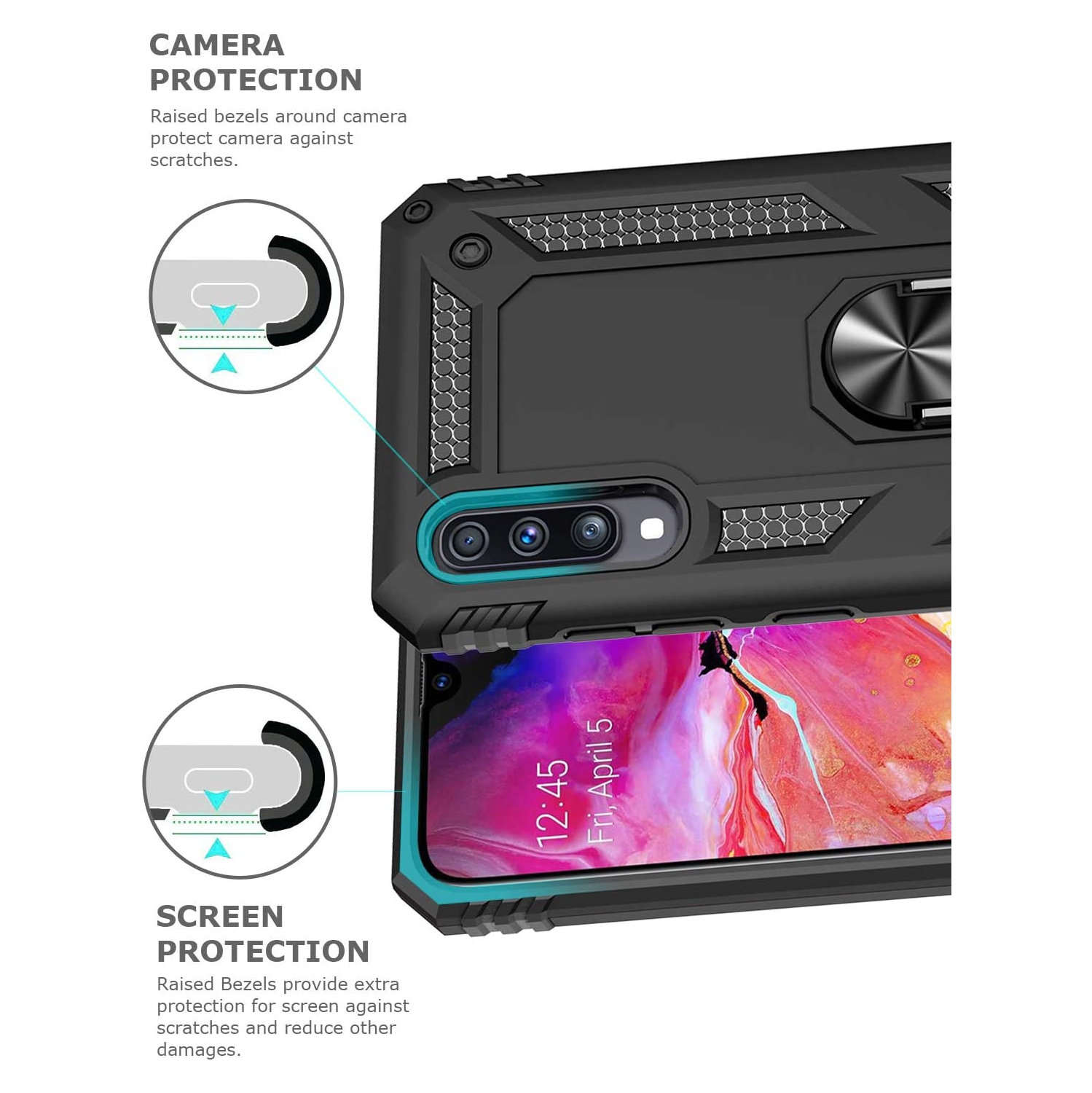 Étui pour Galaxy A70 de Samsung avec support magnétique rotatif à 360 degrés en métal noir et béquille pour support de voiture de qualité militaire,