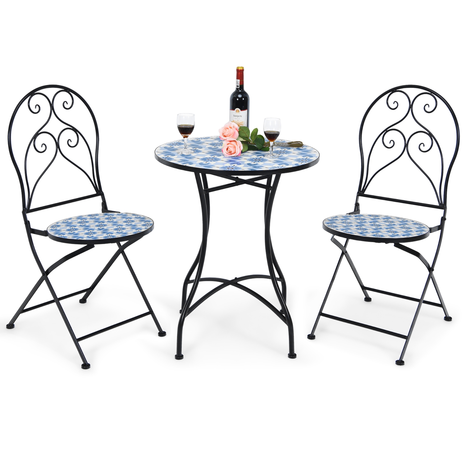 Costway 2PCS Patio Folding Mosaic Bistro Chairs Blue Flower Pattern Seat Garden