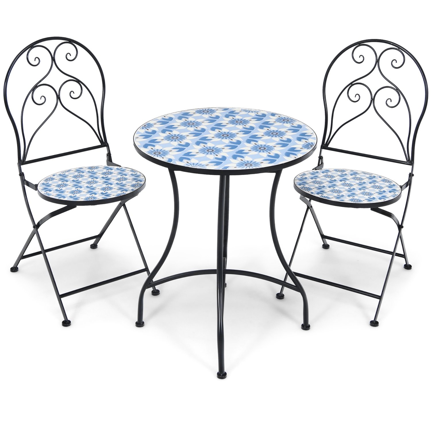 Costway 2PCS Patio Folding Mosaic Bistro Chairs Blue Flower Pattern Seat Garden