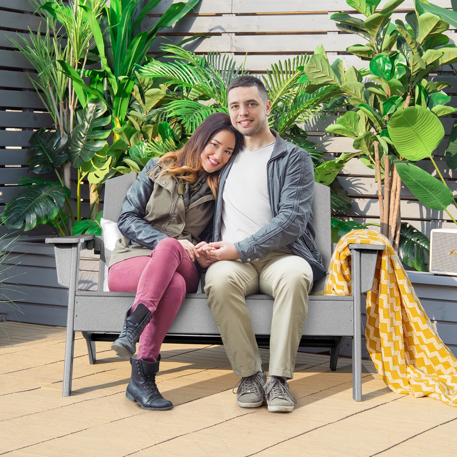 Costway Patio Adirondack Chair Loveseat Bench HDPE Weather Resistant Deck Grey