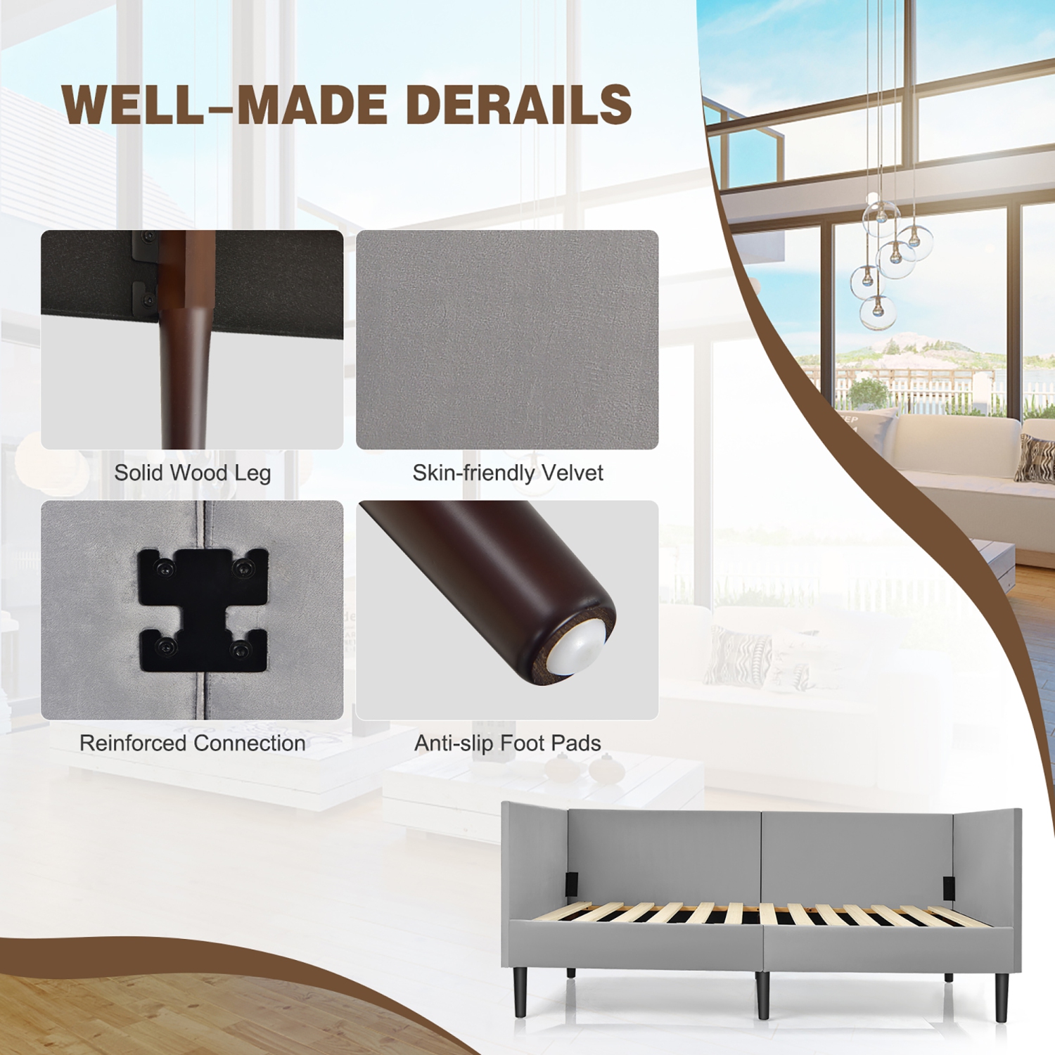 Cadre de canapé-lit en bois robuste en bois avec revêtement en lin Costway, lit simple, gris