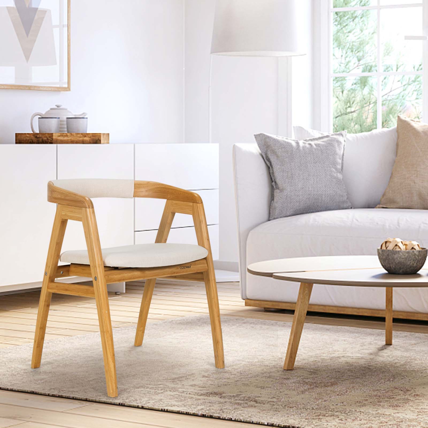 Costway Leisure Bamboo Chair Dining Chair w/ Curved Back & Anti-slip Foot Pads